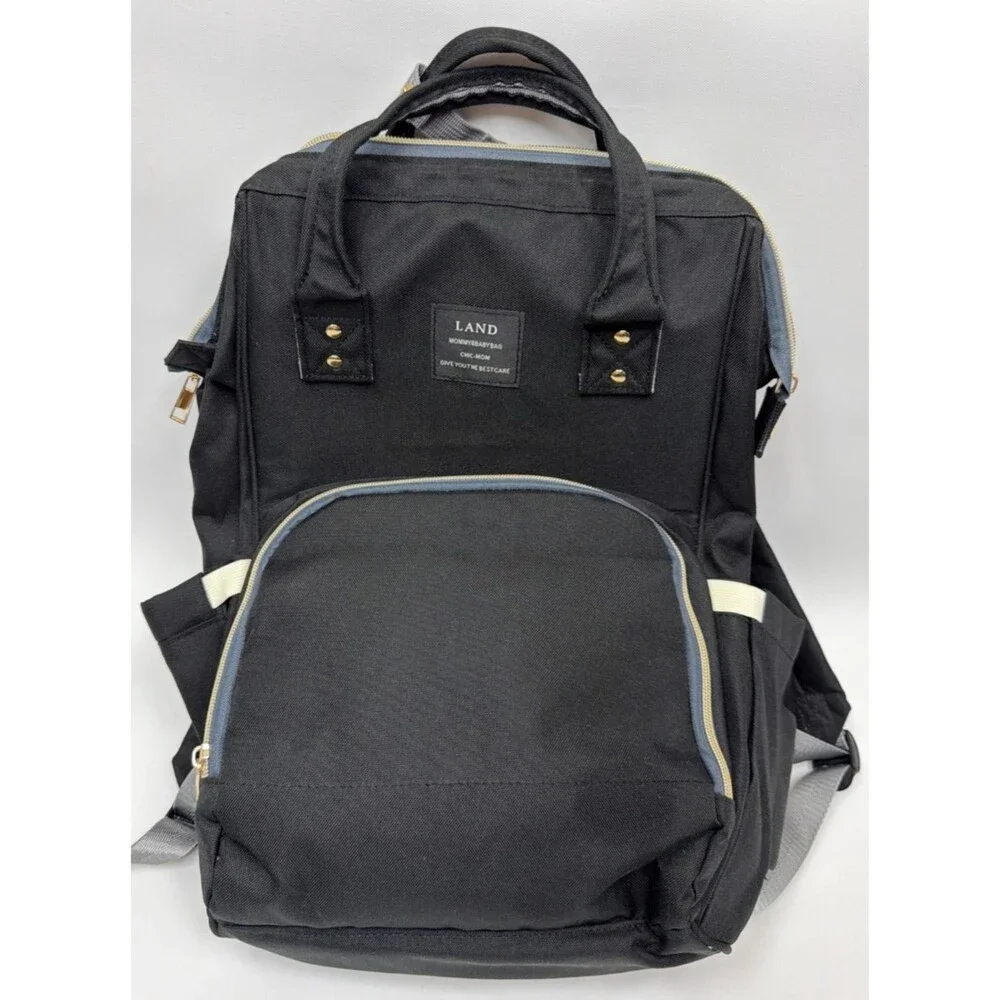 LAND Mommy & Baby Diaper Bag Backpack Black Maternity Tote Multi Pocket NWT